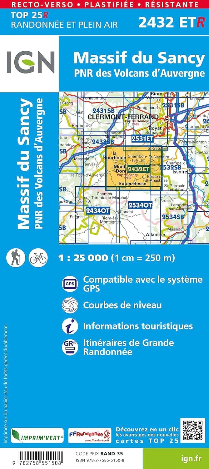 Carte de randonnée IGN TOP 25 n° 2432 ETR (résistante) - Massif du Sancy (Massif Central) carte de randonnée IGN 
