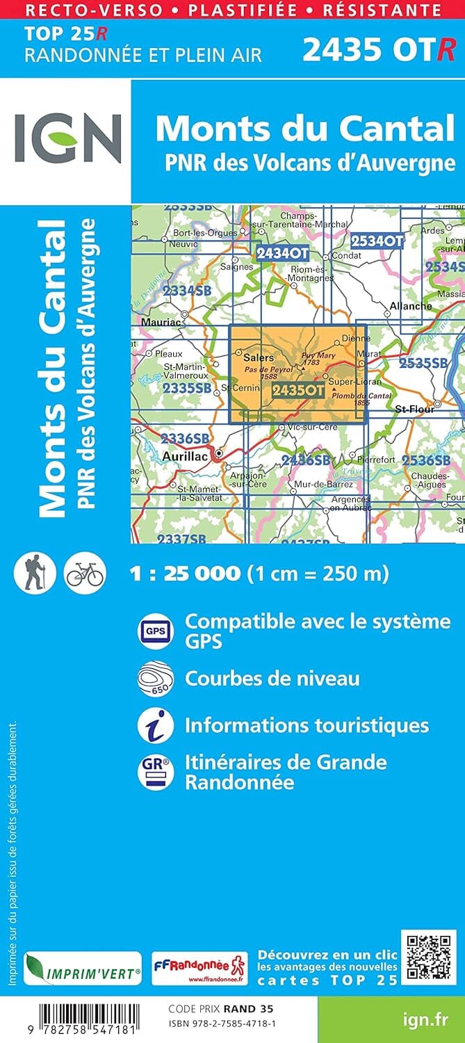 Carte de randonnée IGN TOP 25 n° 2435 OTR (résistante) - Monts du Cantal, PNR des volcans d'Auvergne (Massif Central) carte de randonnée IGN 