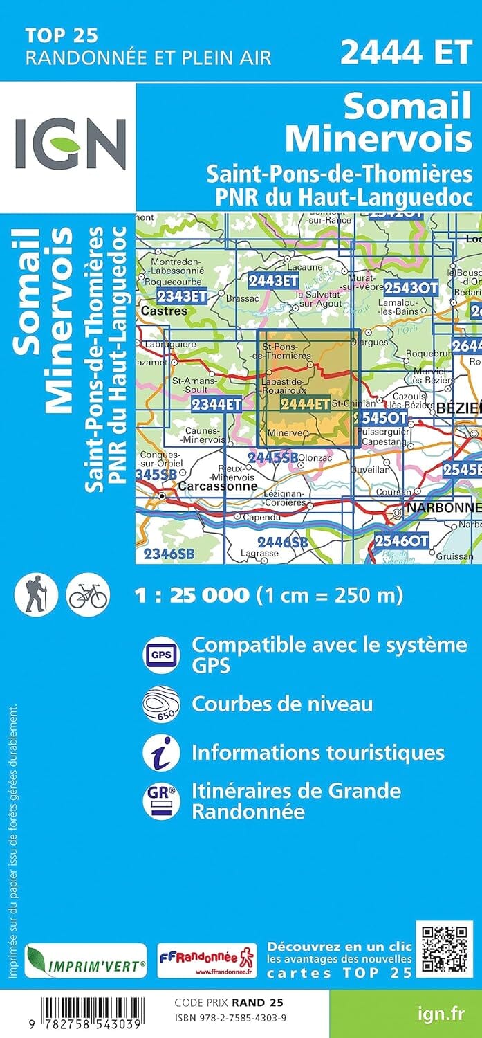 Carte de randonnée IGN TOP 25 n° 2444 ET - Somail, Minervois, St-Pons-de-Thomières, PNR du Haut-Languedoc carte de randonnée IGN 