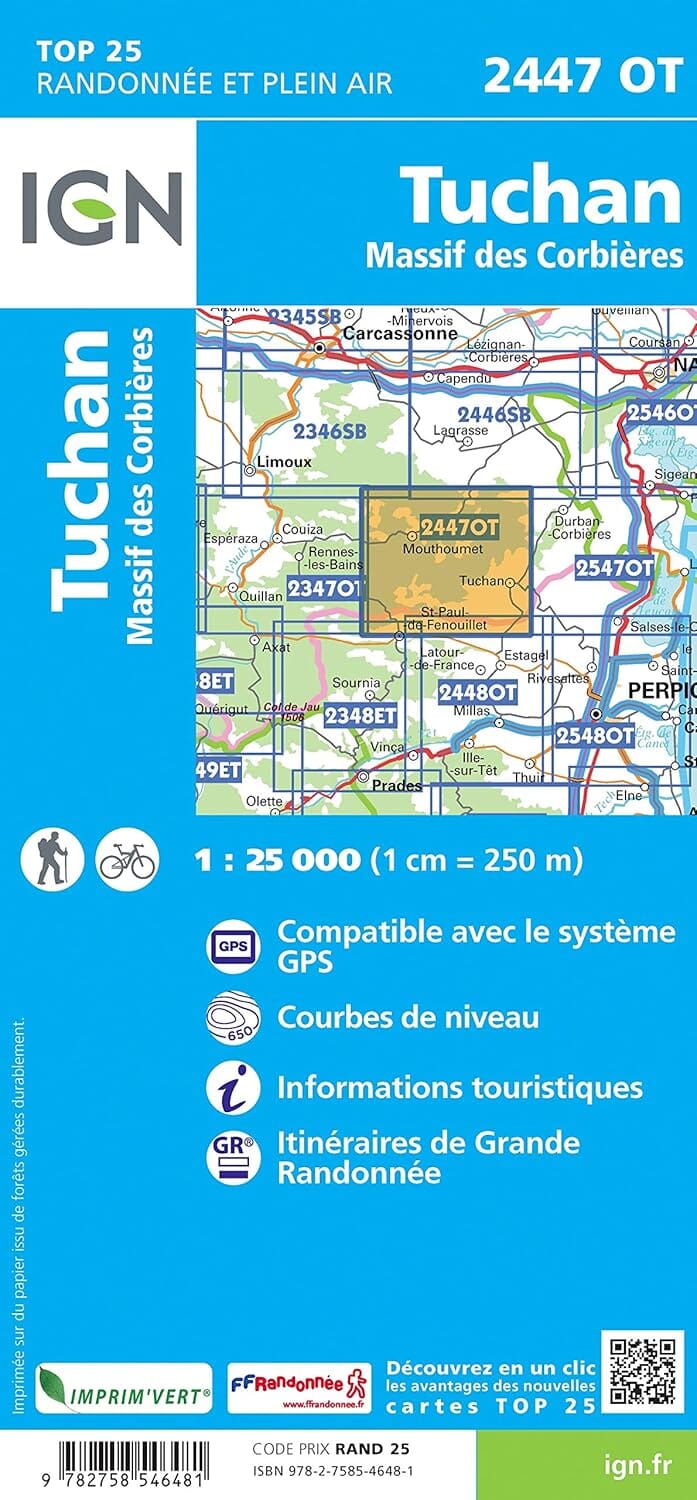 Carte de randonnée IGN TOP 25 n° 2447 OT - Tuchan & Massif des Corbières carte de randonnée IGN 