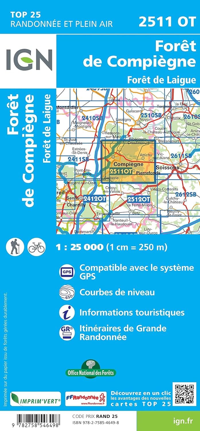 Carte de randonnée IGN TOP 25 n° 2511 OT - Forêts de Compiègne et de Laigue carte de randonnée IGN 