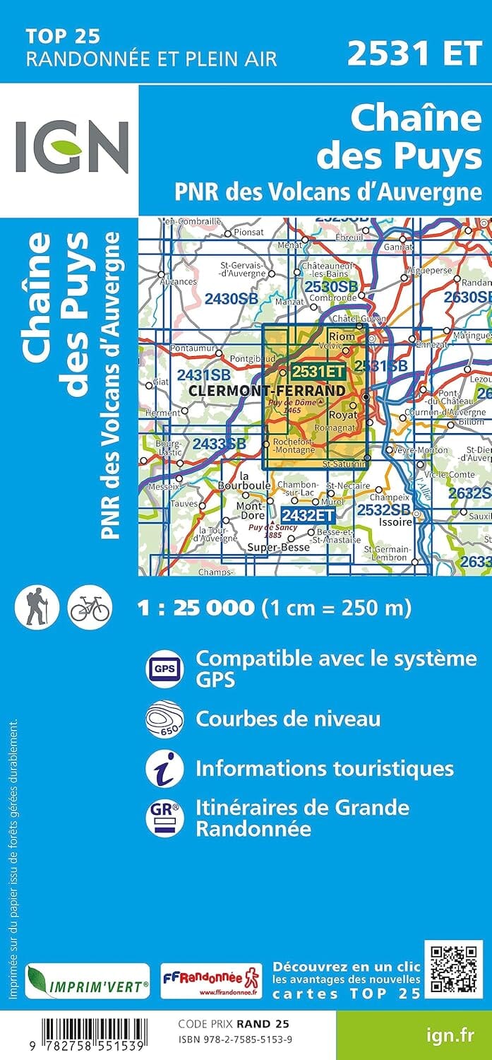 Carte de randonnée IGN TOP 25 n° 2531 ET - Chaîne des Puys, PNR des Volcans d'Auvergne carte de randonnée IGN 