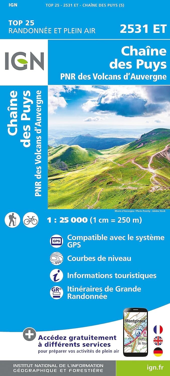 Carte de randonnée IGN TOP 25 n° 2531 ET - Chaîne des Puys, PNR des Volcans d'Auvergne carte de randonnée IGN 