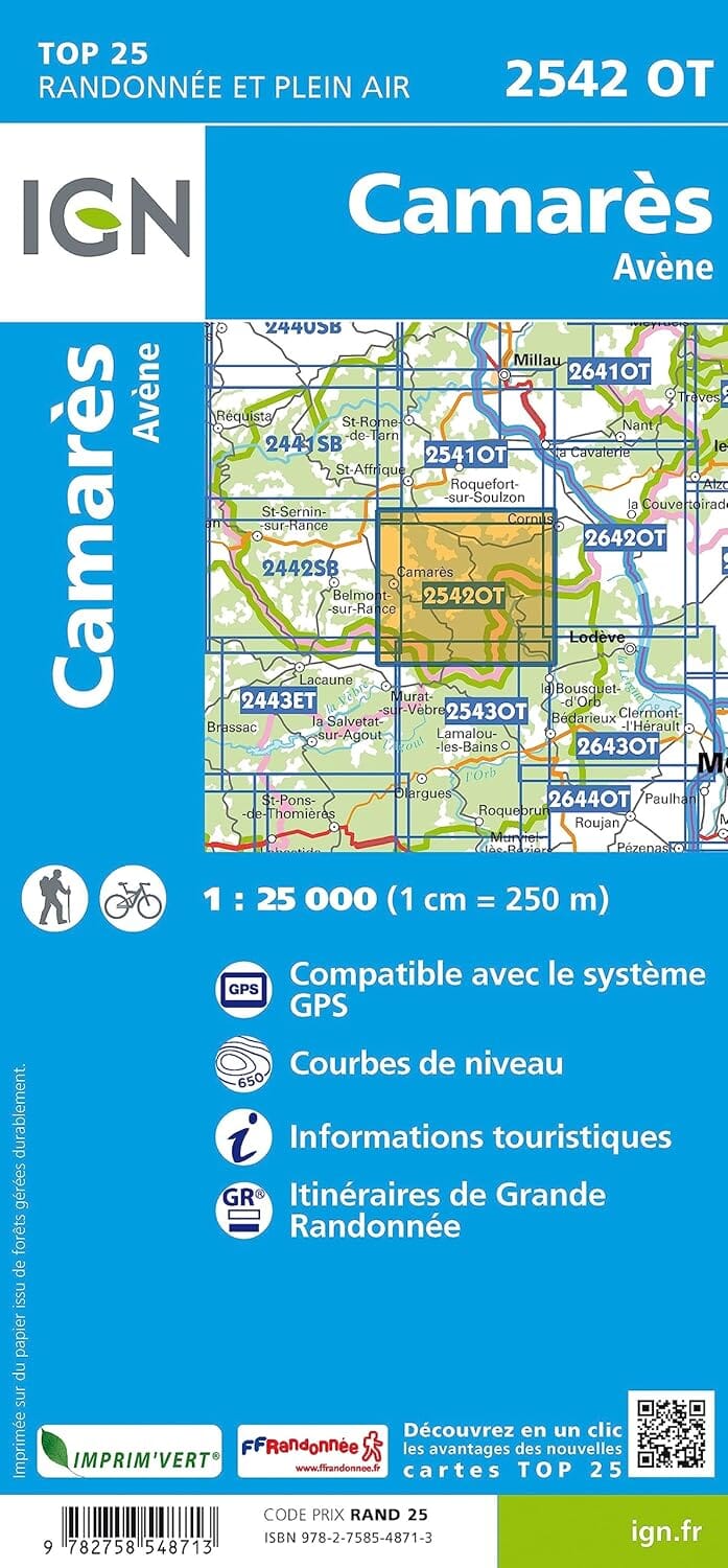 Carte de randonnée IGN TOP 25 n° 2542 OT - Camarès, Avène carte de randonnée IGN 