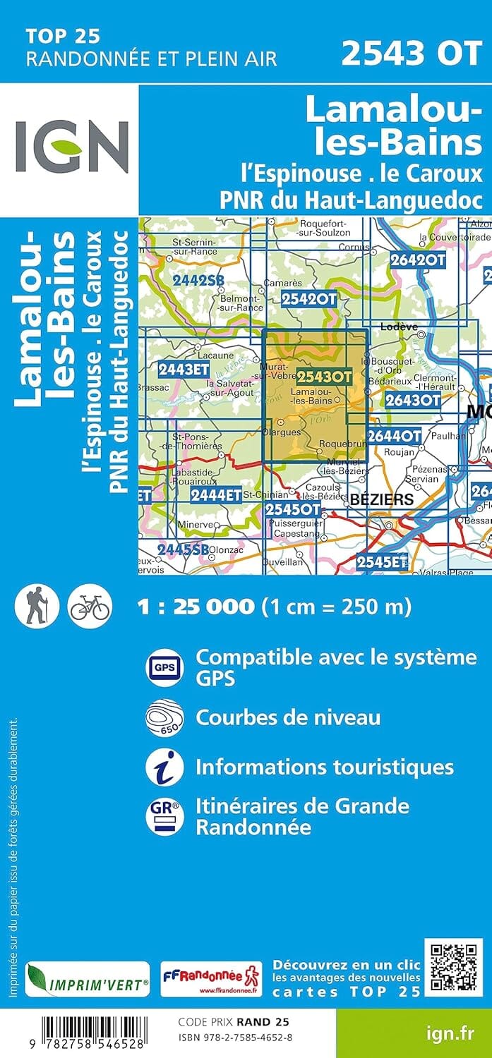 Carte de randonnée IGN TOP 25 n° 2543 OT - Lamalou-les-Bains, L'Espinouse, Le Caroux, PNR du Haut-Languedoc carte de randonnée IGN 
