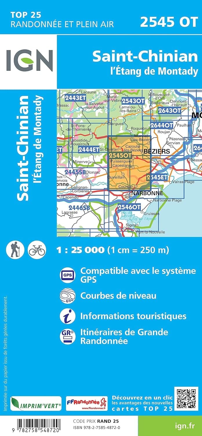 Carte de randonnée IGN TOP 25 n° 2545 OT - Saint-Chinian, L'Etang de Montady carte de randonnée IGN 