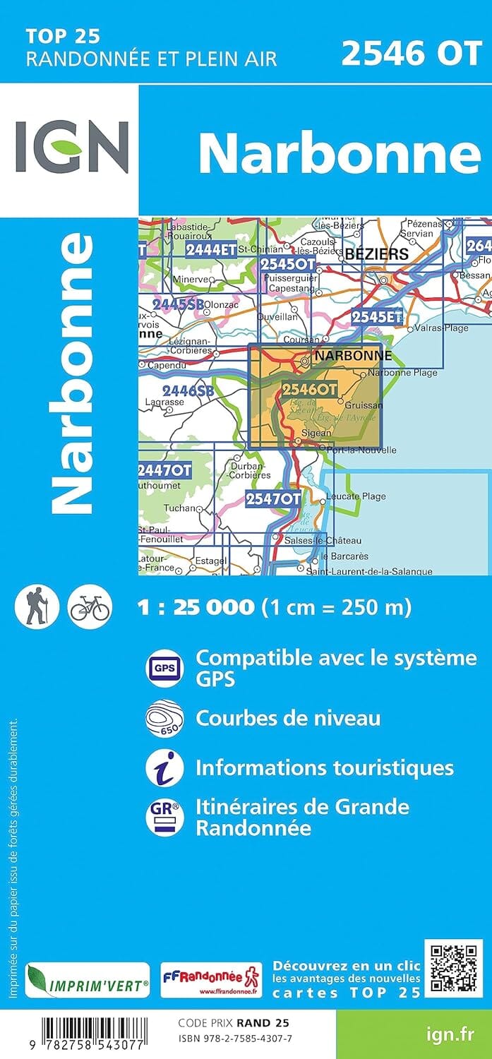 Carte de randonnée IGN TOP 25 n° 2546 OT - Narbonne carte de randonnée IGN 
