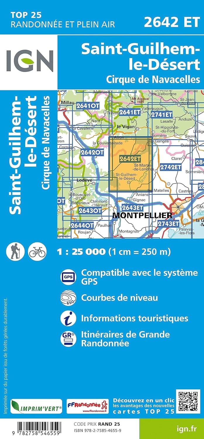 Carte de randonnée IGN TOP 25 n° 2642 ET - St-Guilhem-le-Désert, Cirque de Navacelles carte de randonnée IGN 