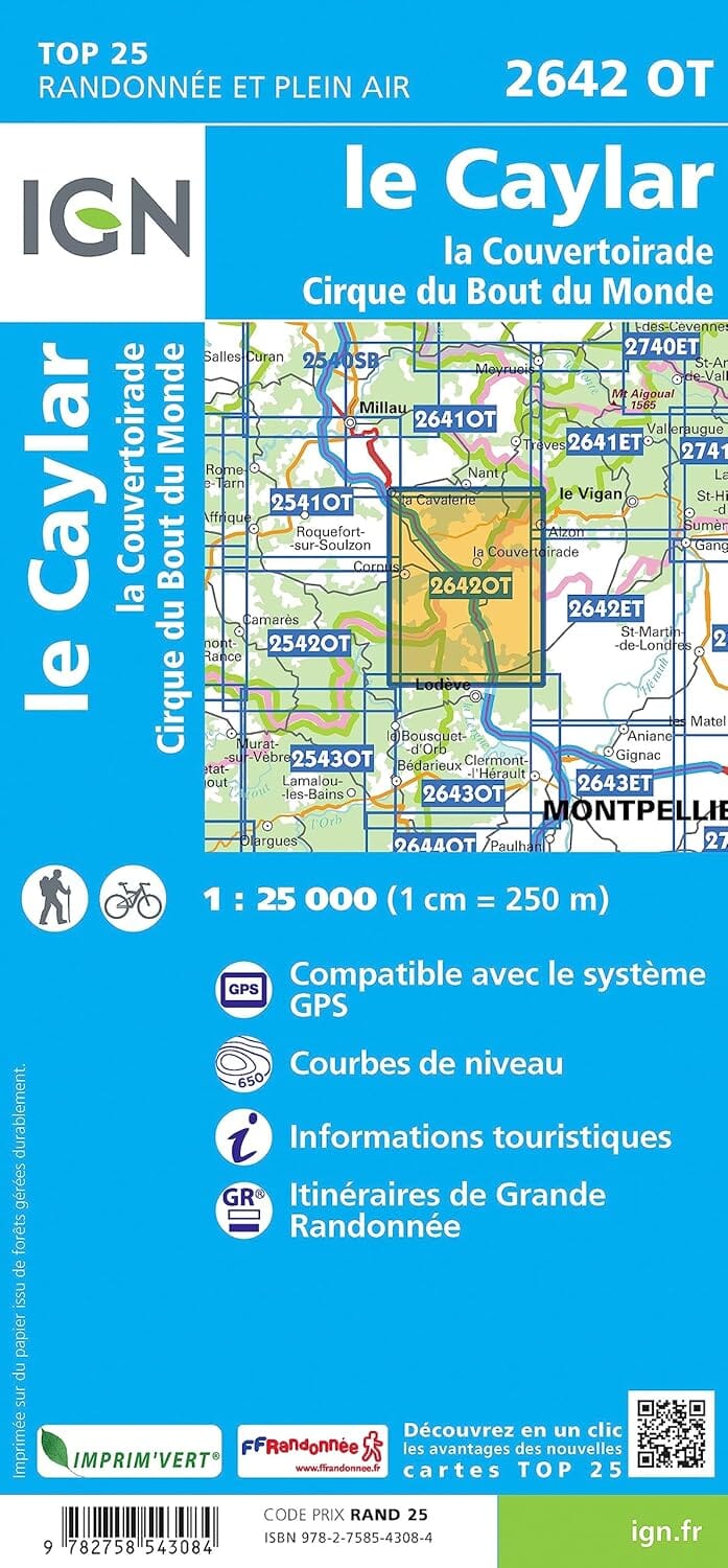 Carte de randonnée IGN TOP 25 n° 2642 OT - Le Caylar, La Couvertoirade, Cirque du Bout du Monde carte de randonnée IGN 
