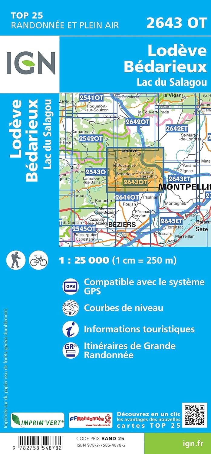 Carte de randonnée IGN TOP 25 n° 2643 OT - Lodève, Bédarieux, Lac du Salagou carte de randonnée IGN 