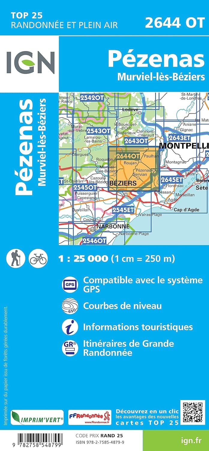 Carte de randonnée IGN TOP 25 n° 2644 OT - Pézenas, Murviel-lès-Béziers carte de randonnée IGN 