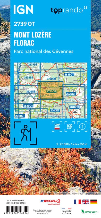 Carte de randonnée IGN TOP 25 n° 2739 OT - Mont Lozère, Florac, Parc national des Cévennes carte de randonnée IGN 