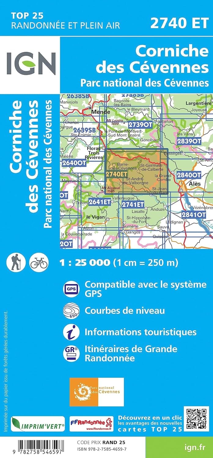 Carte de randonnée IGN TOP 25 n° 2740 ET - Corniche des Cévennes, Parc national des Cévennes carte de randonnée IGN 