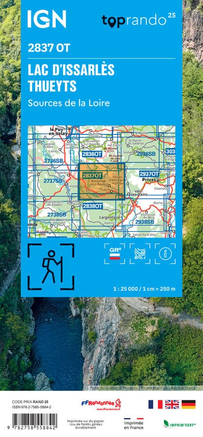 Carte de randonnée IGN TOP 25 n° 2837 OT - Lac d'Issarlès, Thueyts, Sources de la Loire carte de randonnée IGN 