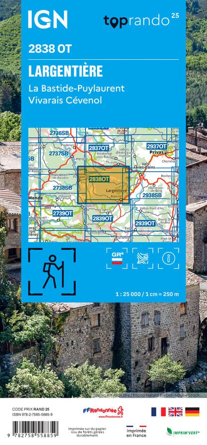 Carte de randonnée IGN TOP 25 n° 2838 OT - Largentière, La Bastide-Puylaurent, Vivarais Cévenol carte de randonnée IGN 
