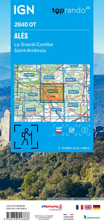 Carte de randonnée IGN TOP 25 n° 2840 OT - Alès carte de randonnée IGN 