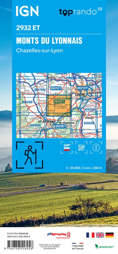 Carte de randonnée IGN TOP 25 n° 2932 ET - Monts du Lyonnais, Chazelles-sur Lyon carte de randonnée IGN 