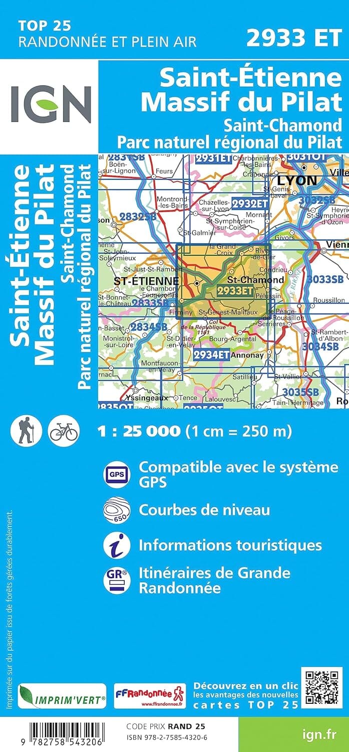 Carte de randonnée IGN TOP 25 n° 2933 ET - Massif du Pilat, Saint-Etienne, Saint-Chamond, PNR du Pilat carte de randonnée IGN 