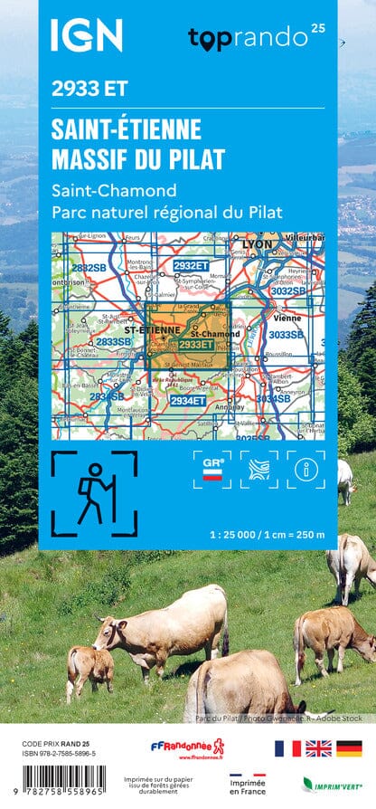Carte de randonnée IGN TOP 25 n° 2933 ET - Massif du Pilat, Saint-Etienne, Saint-Chamond, PNR du Pilat carte de randonnée IGN 