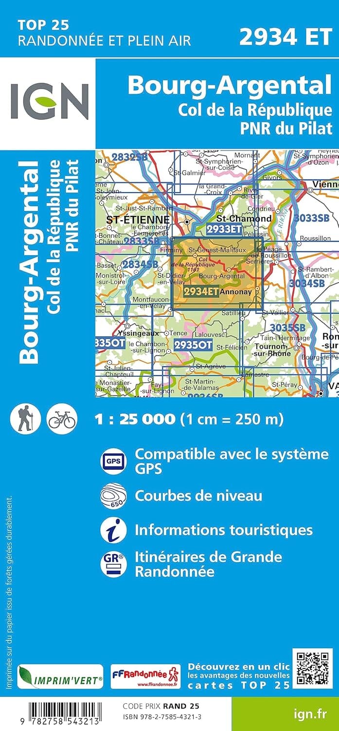 Carte de randonnée IGN TOP 25 n° 2934 ET - Bourg-Argental, Col de la République, PNR du Pilat carte de randonnée IGN 