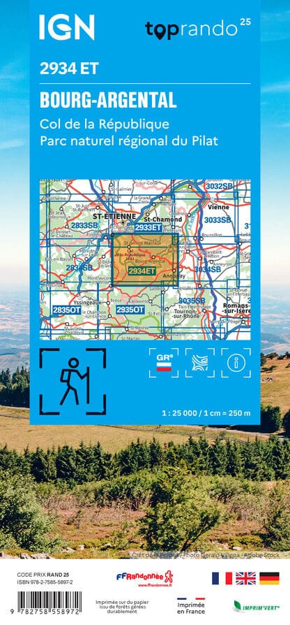 Carte de randonnée IGN TOP 25 n° 2934 ET - Bourg-Argental, Col de la République, PNR du Pilat carte de randonnée IGN 