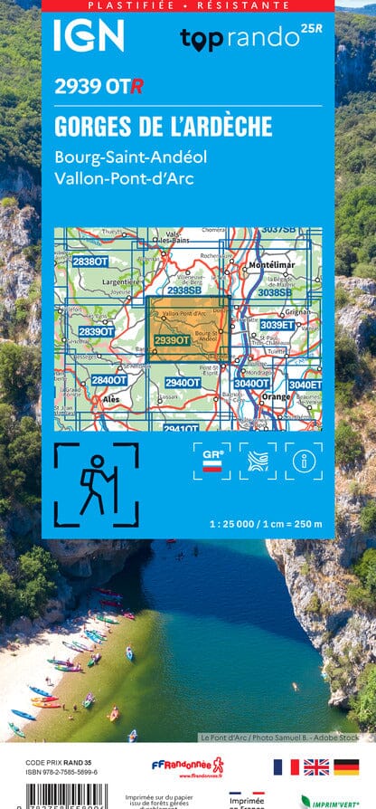 Carte de randonnée IGN TOP 25 n° 2939 OTR (résistante) - Gorges de l'Ardèche, Bourg-Saint-Andéol, Vallon-Pont-d'Arc carte de randonnée IGN 