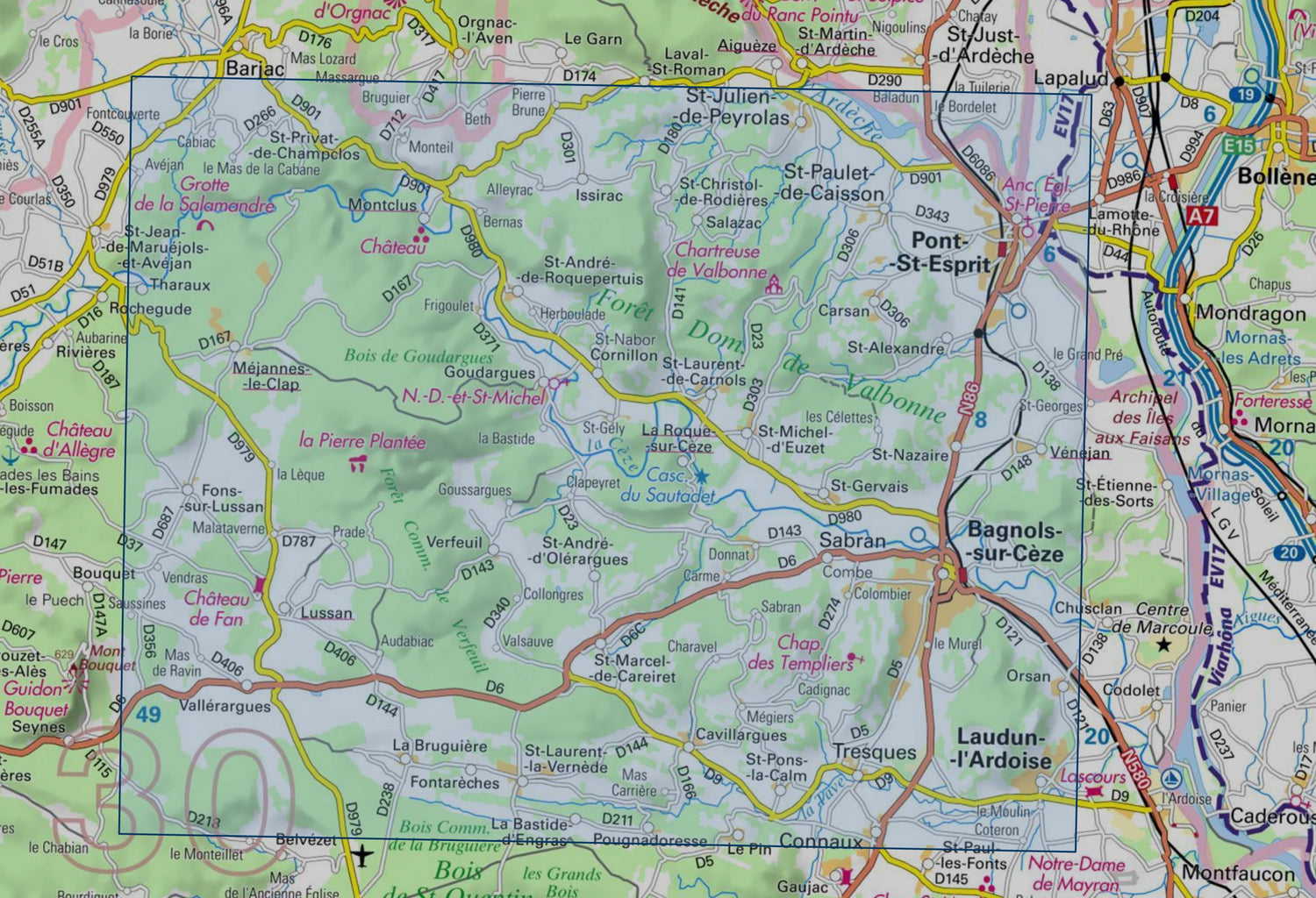 Carte de randonnée IGN TOP 25 n° 2940 OT - Bagnols-sur-Cèze, Pont-Saint-Esprit, Gorges de la Cèze carte de randonnée IGN 