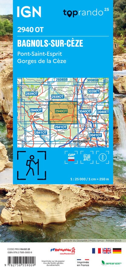 Carte de randonnée IGN TOP 25 n° 2940 OT - Bagnols-sur-Cèze, Pont-Saint-Esprit, Gorges de la Cèze carte de randonnée IGN 