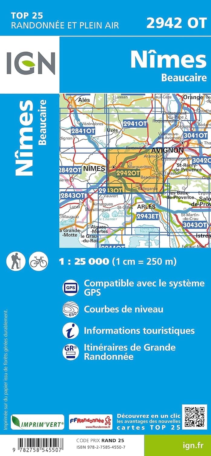 Carte de randonnée IGN TOP 25 n° 2942 OT - Nîmes, Beaucaire carte de randonnée IGN 