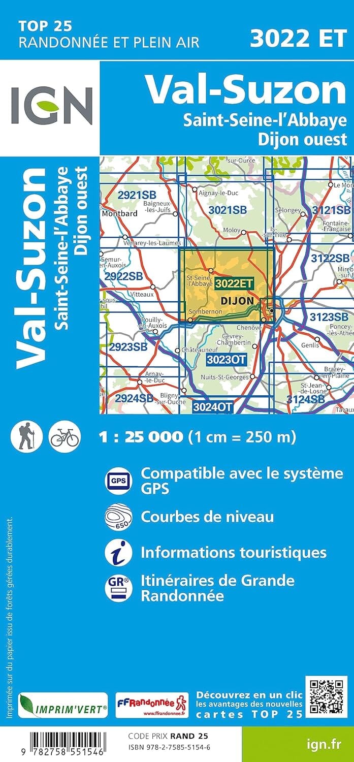 Carte de randonnée IGN TOP 25 n° 3022 ET - Val-Suzon, Saint-Seine-l'Abbaye, Dijon Ouest carte de randonnée IGN 