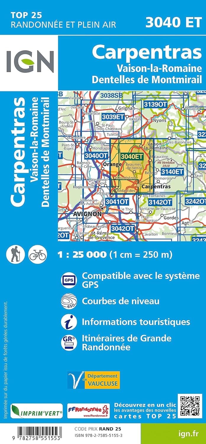 Carte de randonnée IGN TOP 25 n° 3040 ET - Carpentras, Vaison-la-Romaine, Dentelles de Montmirail carte de randonnée IGN 