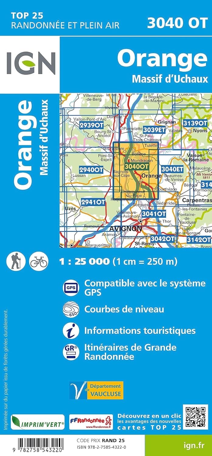 Carte de randonnée IGN TOP 25 n° 3040 OT - Orange, Massif d'Uchaux carte de randonnée IGN 