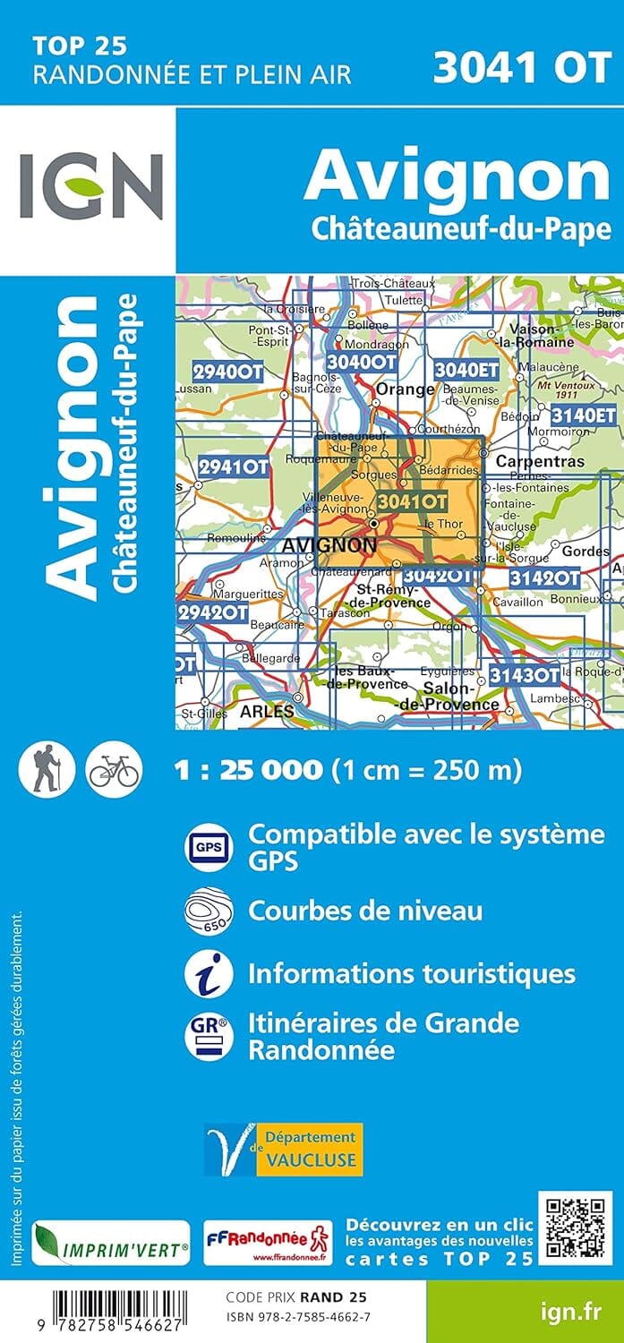 Carte de randonnée IGN TOP 25 n° 3041 OT - Avignon, Châteauneuf-du-Pape carte de randonnée IGN 