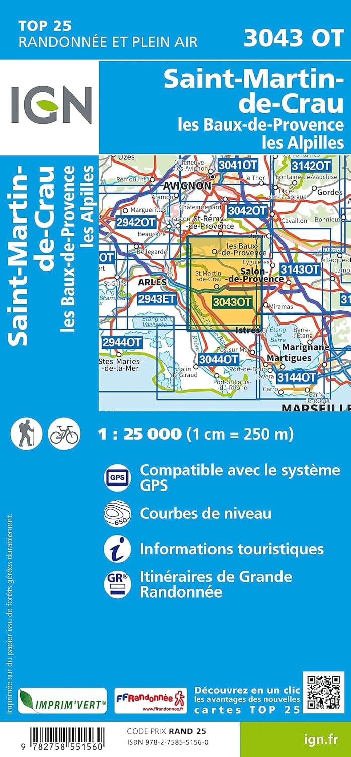 Carte de randonnée IGN TOP 25 n° 3043 OT - Saint-Martin-de-Crau, Les Baux-de-Provence & Les Alpilles carte de randonnée IGN 