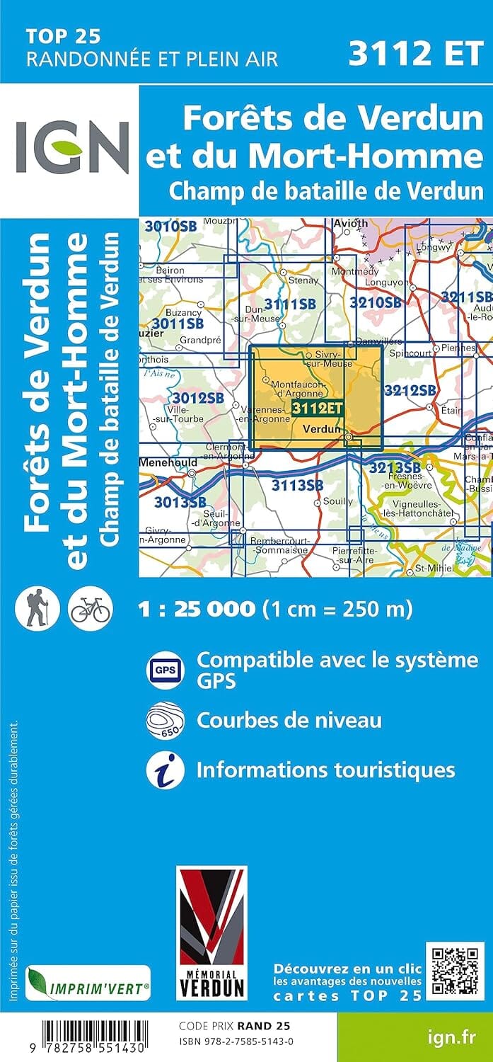 Carte de randonnée IGN TOP 25 n° 3112 ET - Forêts de Verdun et du Mort-Homme, Champ de bataille de Verdun carte de randonnée IGN 