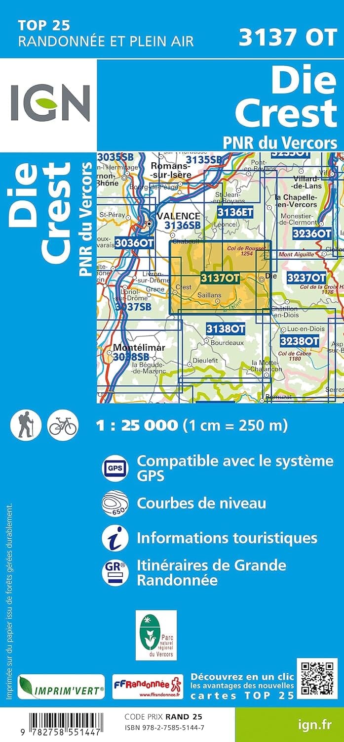 Carte de randonnée IGN TOP 25 n° 3137 OT - Die, Crest & PNR du Vercors carte de randonnée IGN 
