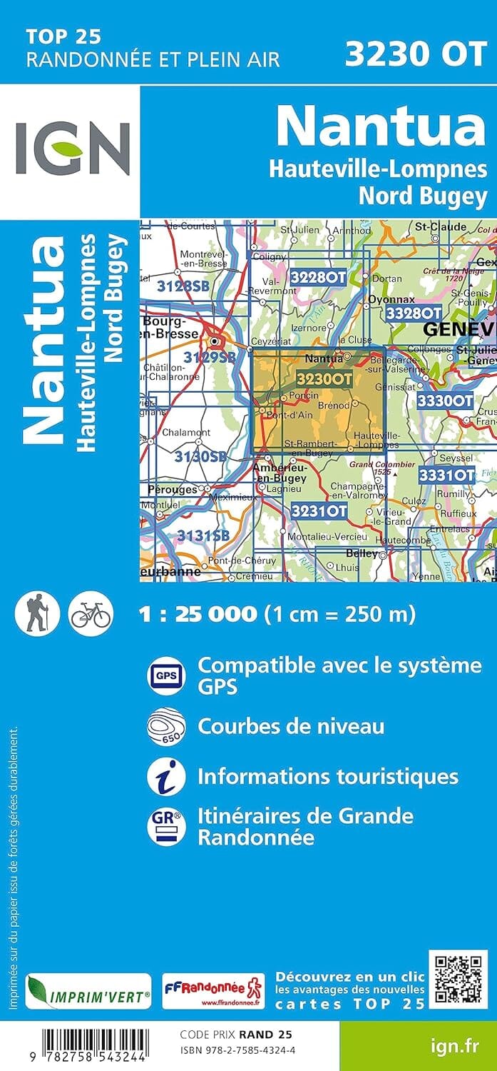 Carte de randonnée IGN TOP 25 n° 3230 OT - Nantua, Hauteville-Lompnes, Nord Bugey carte de randonnée IGN 