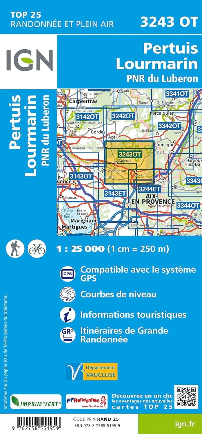Carte de randonnée IGN TOP 25 n° 3243 OT - Pertuis, Lourmarin & PNR du Luberon carte de randonnée IGN 