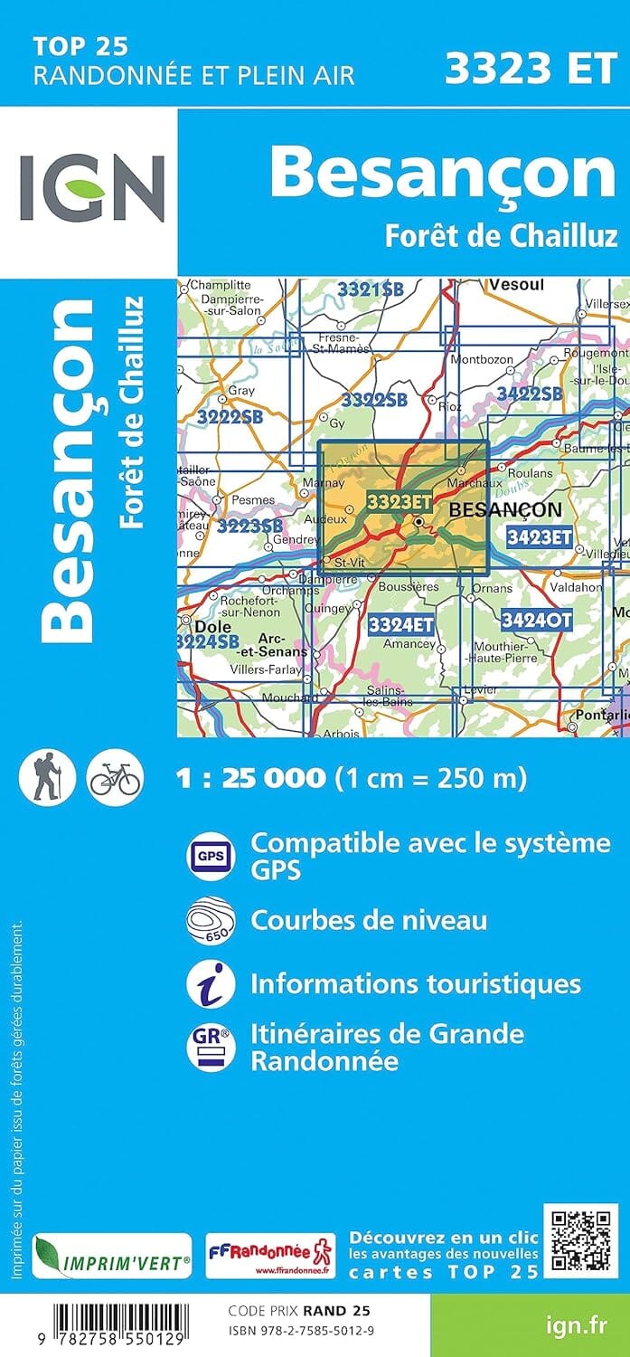 Carte de randonnée IGN TOP 25 n° 3323 ET - Besançon, Forêt de Chailluz carte de randonnée IGN 