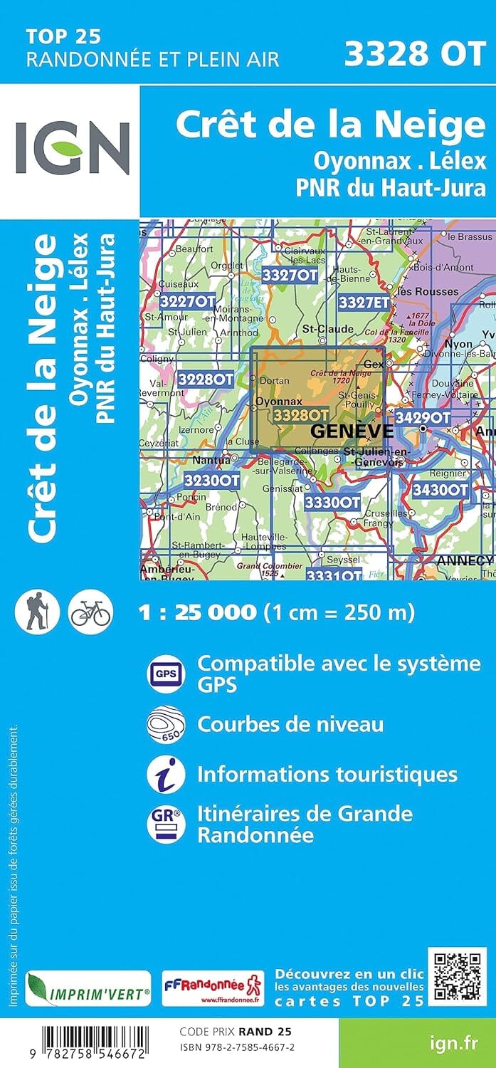 Carte de randonnée IGN TOP 25 n° 3328 OT - Crêt de la Neige, Oyonnax & Lélex (PNR du Haut Jura) carte de randonnée IGN 