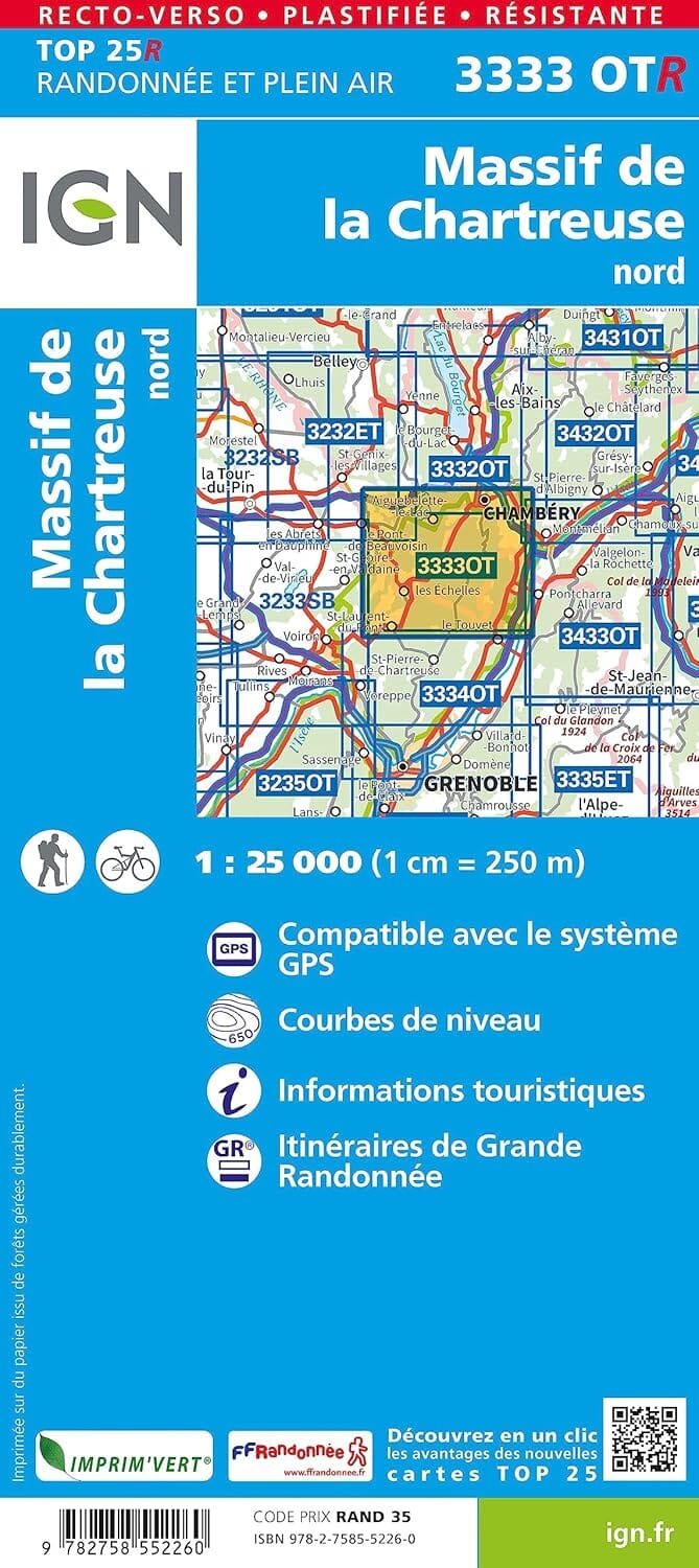 Carte de randonnée IGN TOP 25 n° 3333 OTR (résistante) - Massif de la Chartreuse Nord (Alpes) carte de randonnée IGN 