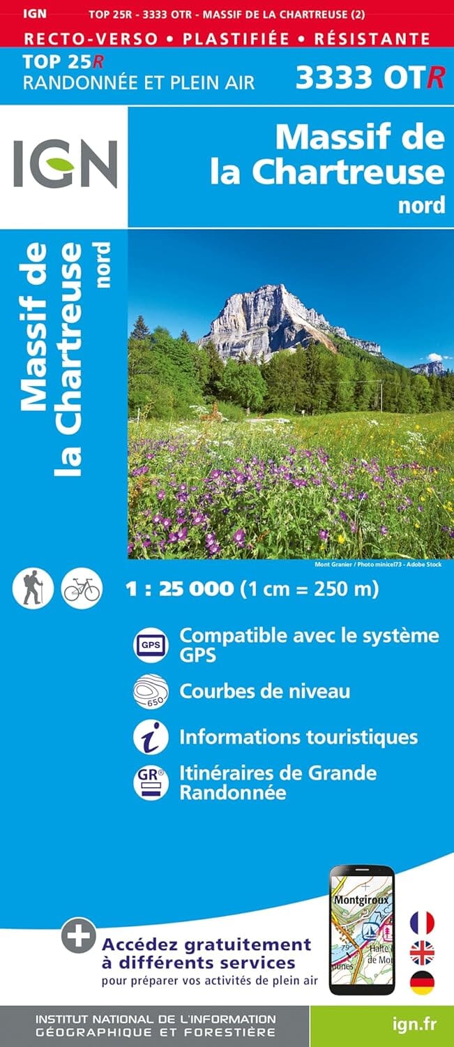 Carte de randonnée IGN TOP 25 n° 3333 OTR (résistante) - Massif de la Chartreuse Nord (Alpes) carte de randonnée IGN 