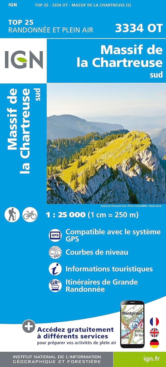 Carte de randonnée IGN TOP 25 n° 3334 OT - Massif de la Charteuse Sud (Alpes) carte de randonnée IGN 