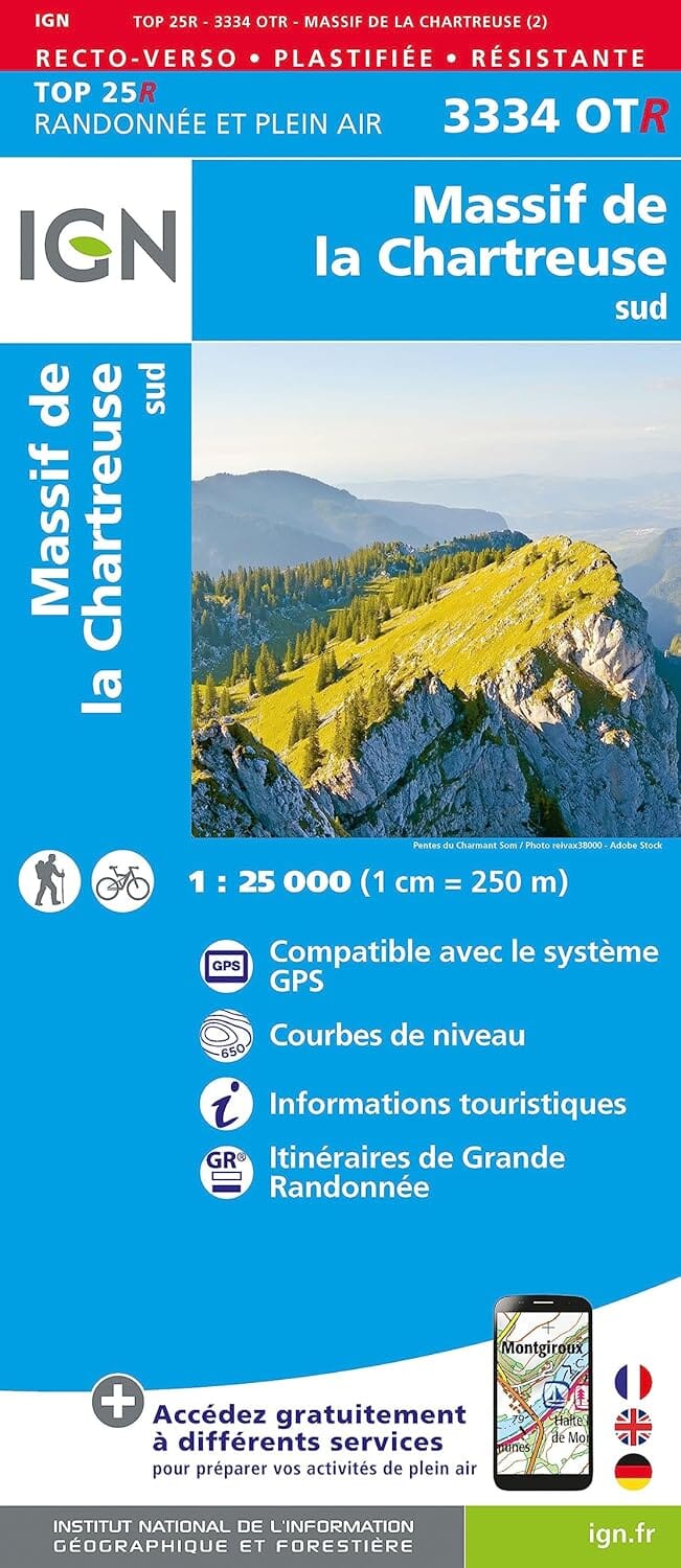Carte de randonnée IGN TOP 25 n° 3334 OTR (résistante) - Massif de la Charteuse Sud (Alpes) carte de randonnée IGN 