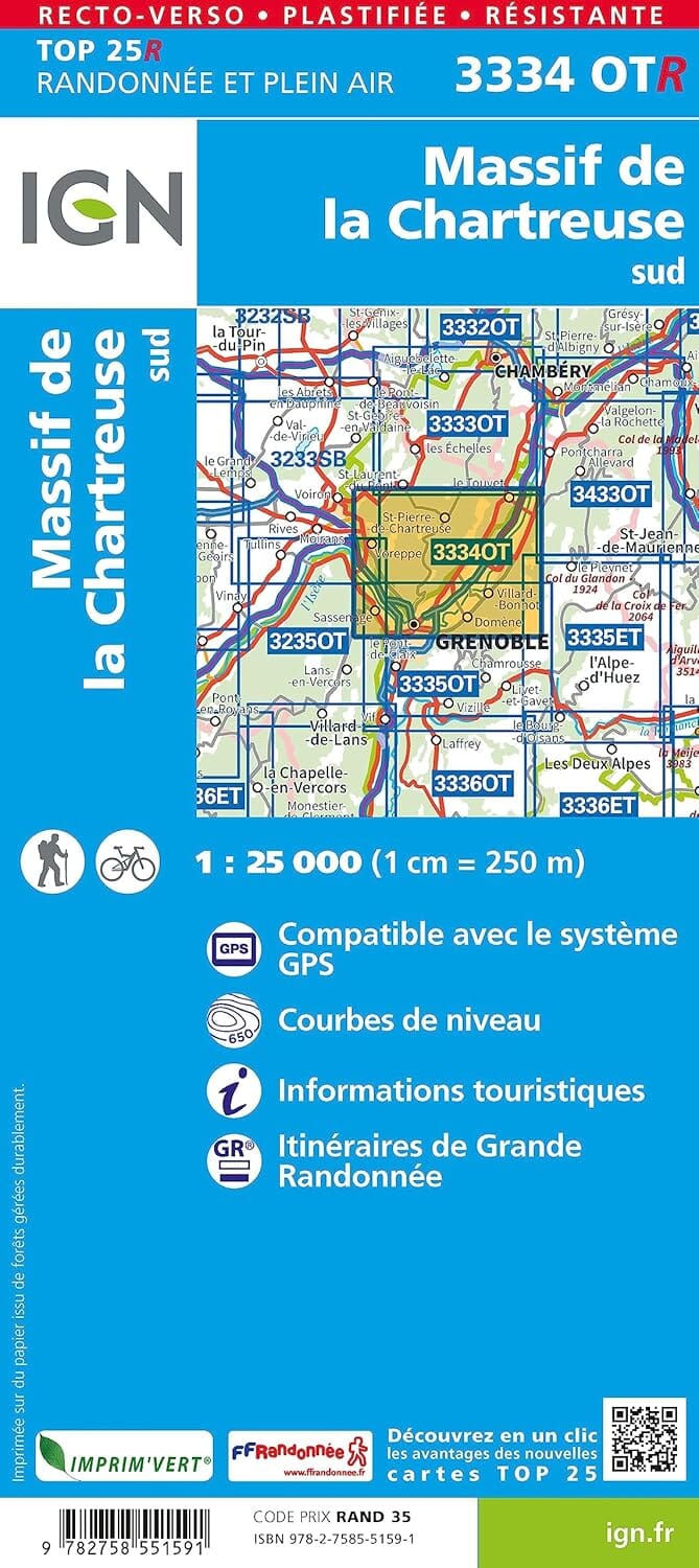 Carte de randonnée IGN TOP 25 n° 3334 OTR (résistante) - Massif de la Charteuse Sud (Alpes) carte de randonnée IGN 