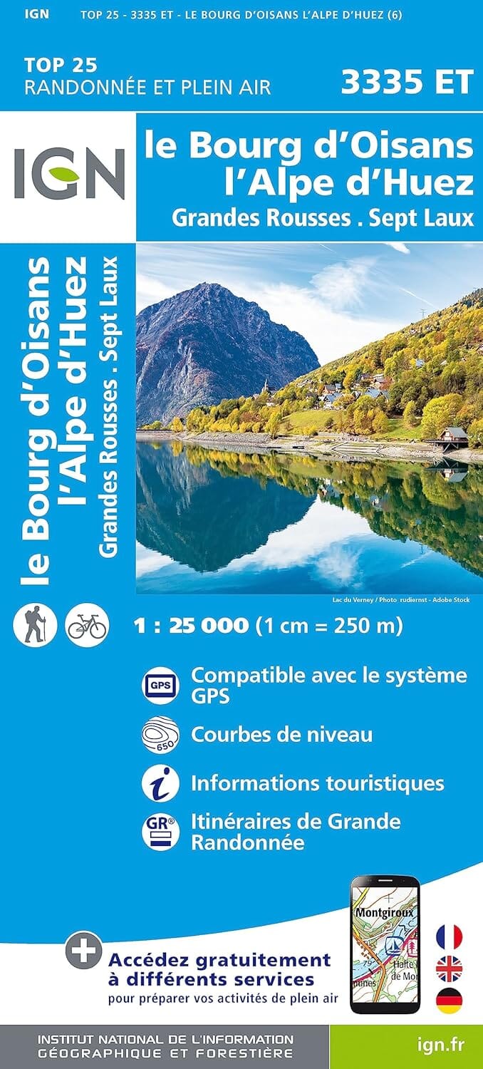 Carte de randonnée IGN TOP 25 n° 3335 ET - Bourg d'Oisans, l'Alpe d'Huez, Grandes Rousses, Sept Laux (Alpes) carte de randonnée IGN 