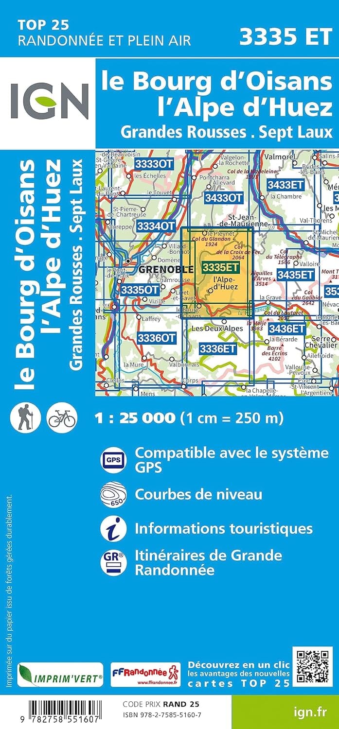 Carte de randonnée IGN TOP 25 n° 3335 ET - Bourg d'Oisans, l'Alpe d'Huez, Grandes Rousses, Sept Laux (Alpes) carte de randonnée IGN 