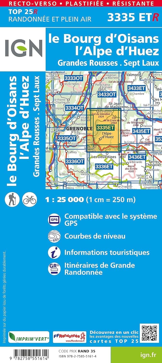 Carte de randonnée IGN TOP 25 n° 3335 ETR (résistante) - Bourg d'Oisans & l'Alpe d'Huez (Alpes) carte de randonnée IGN 