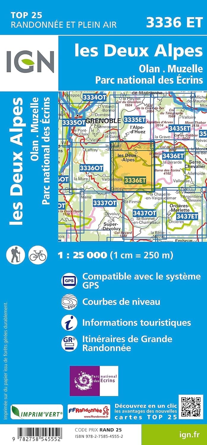 Carte de randonnée IGN TOP 25 n° 3336 ET - Les Deux Alpes, Olan & Muzelle (PNR des Ecrins, Alpes) carte de randonnée IGN 