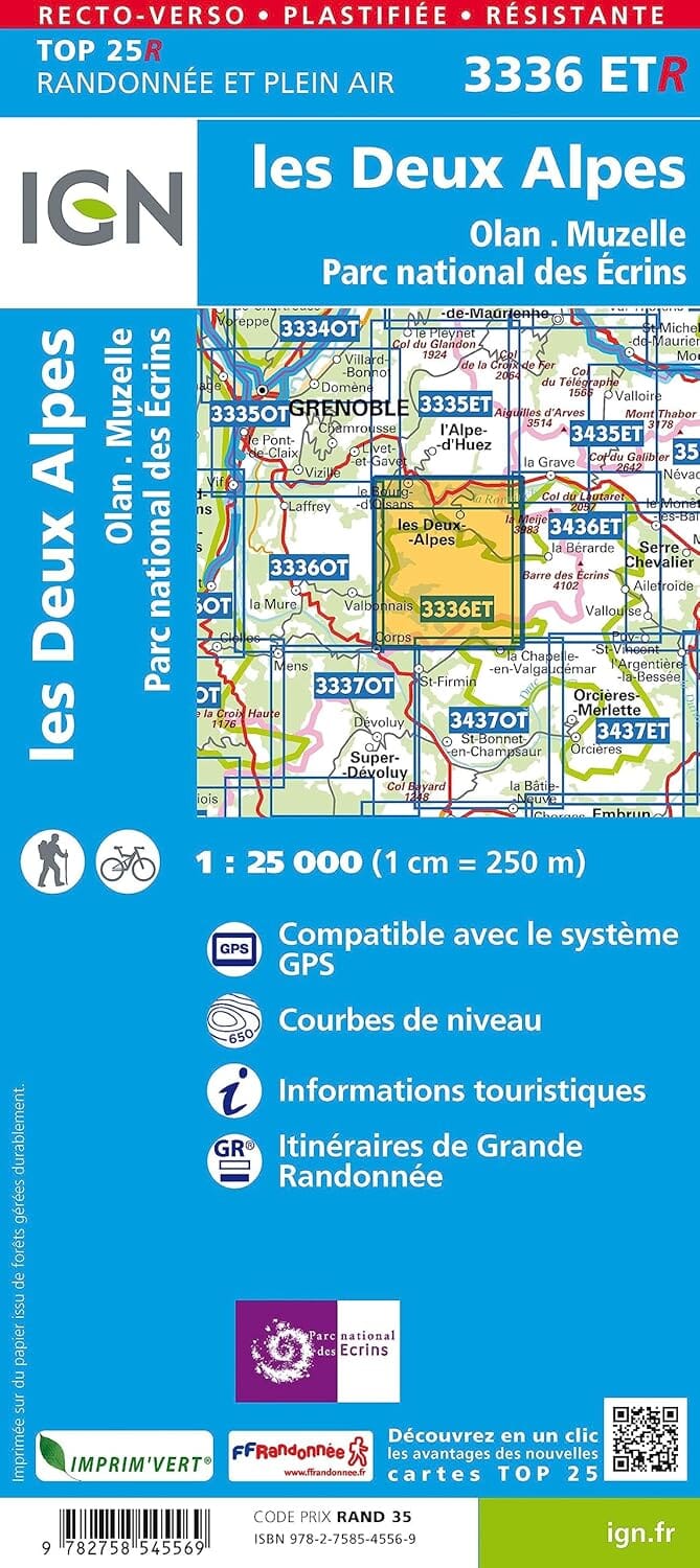 Carte de randonnée IGN TOP 25 n° 3336 ETR (résistante) - Les Deux Alpes, Olan, Muzelle (PN des Ecrins, Alpes) carte de randonnée IGN 